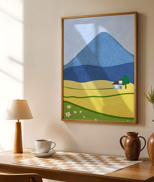 Serene Countryside Landscape with Mountain and Flowers