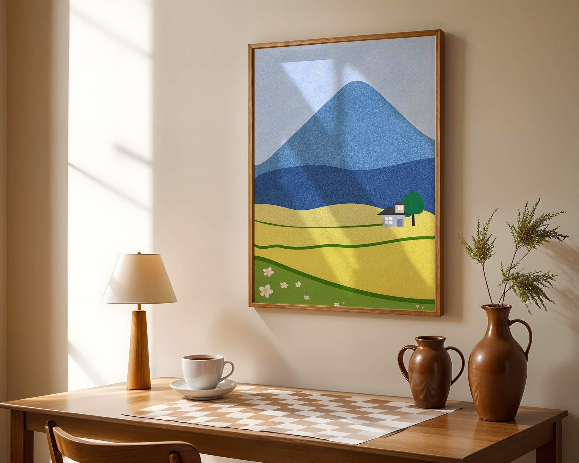 Serene Countryside Landscape with Mountain and Flowers