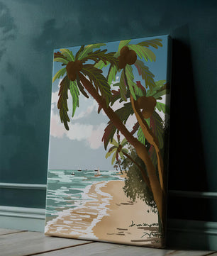Tranquil Beach Scene with Palm Trees and Sailboats