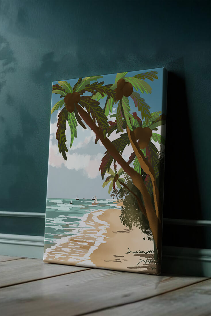 Tranquil Beach Scene with Palm Trees and Sailboats