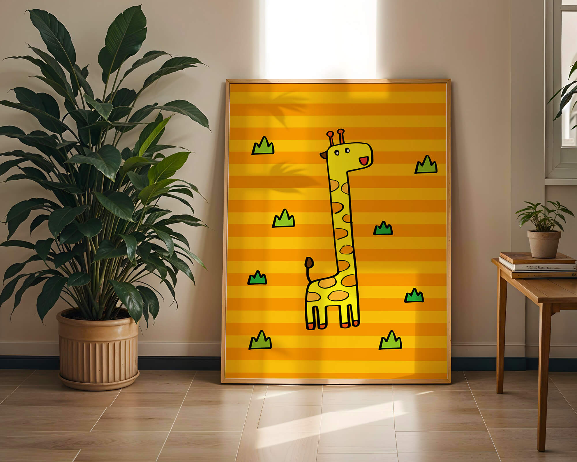 Bright cartoon giraffe illustration on a striped background