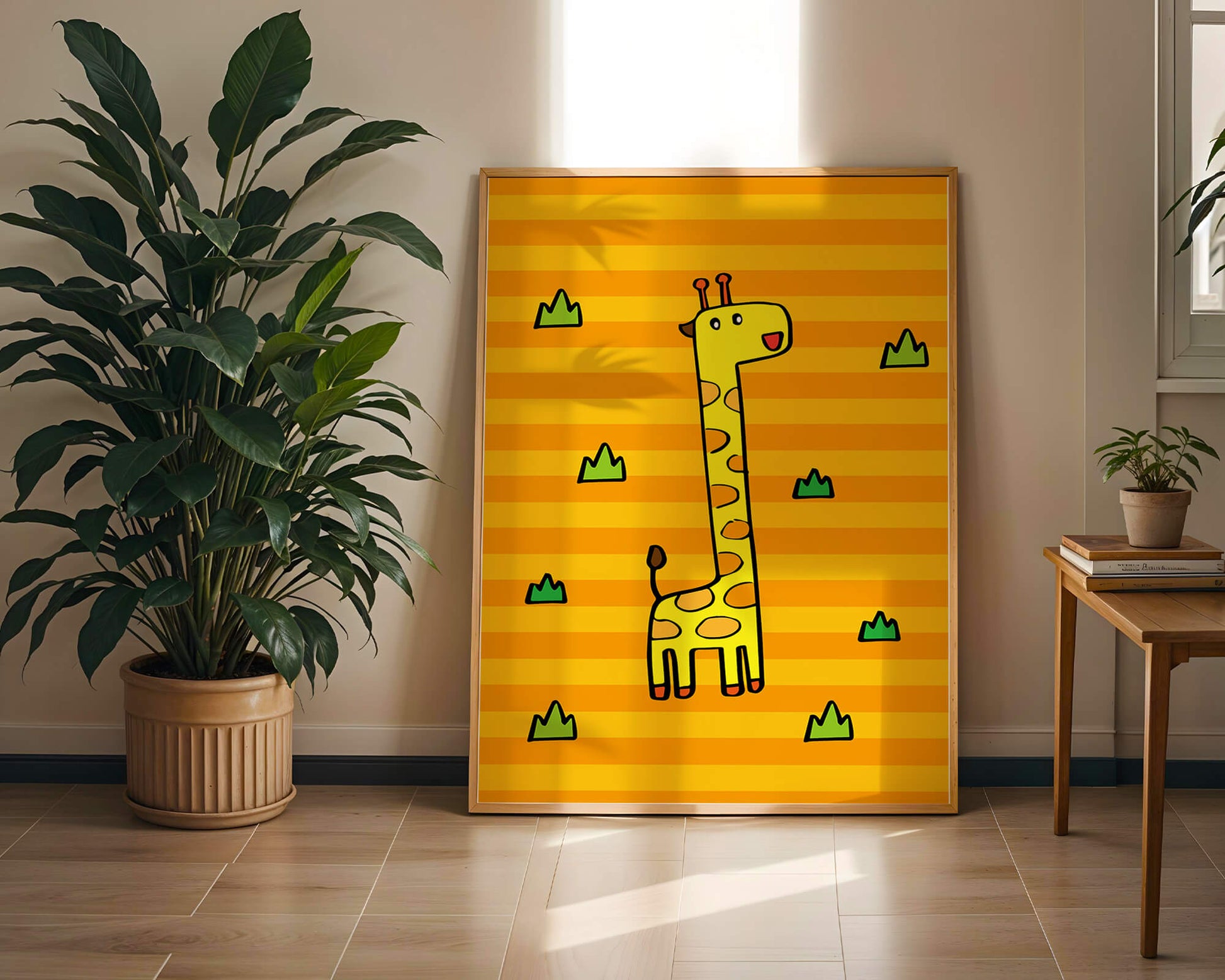 Bright cartoon giraffe illustration on a striped background
