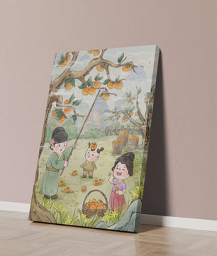 Illustration of children harvesting persimmons in a traditional setting