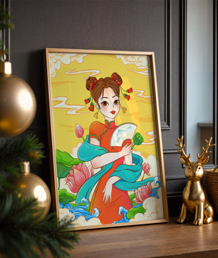 Ilustración oriental que presenta a una chica con atuendo tradicional, un abanico y flores de loto
