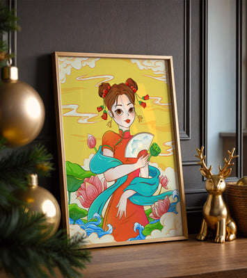 Oriental illustration featuring a girl in traditional attire with a fan and lotus flowers