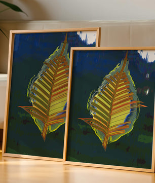 Abstract digital artwork featuring a vibrant multicolored leaf