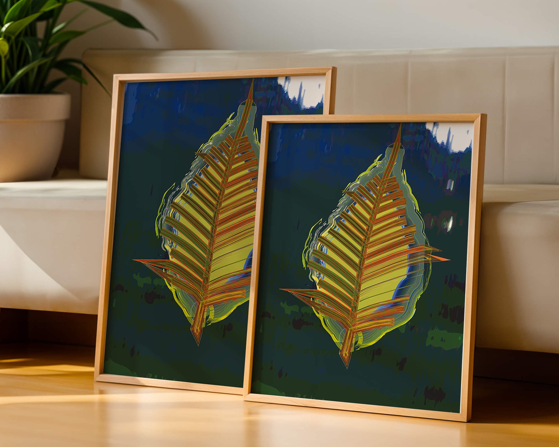 Abstract digital artwork featuring a vibrant multicolored leaf