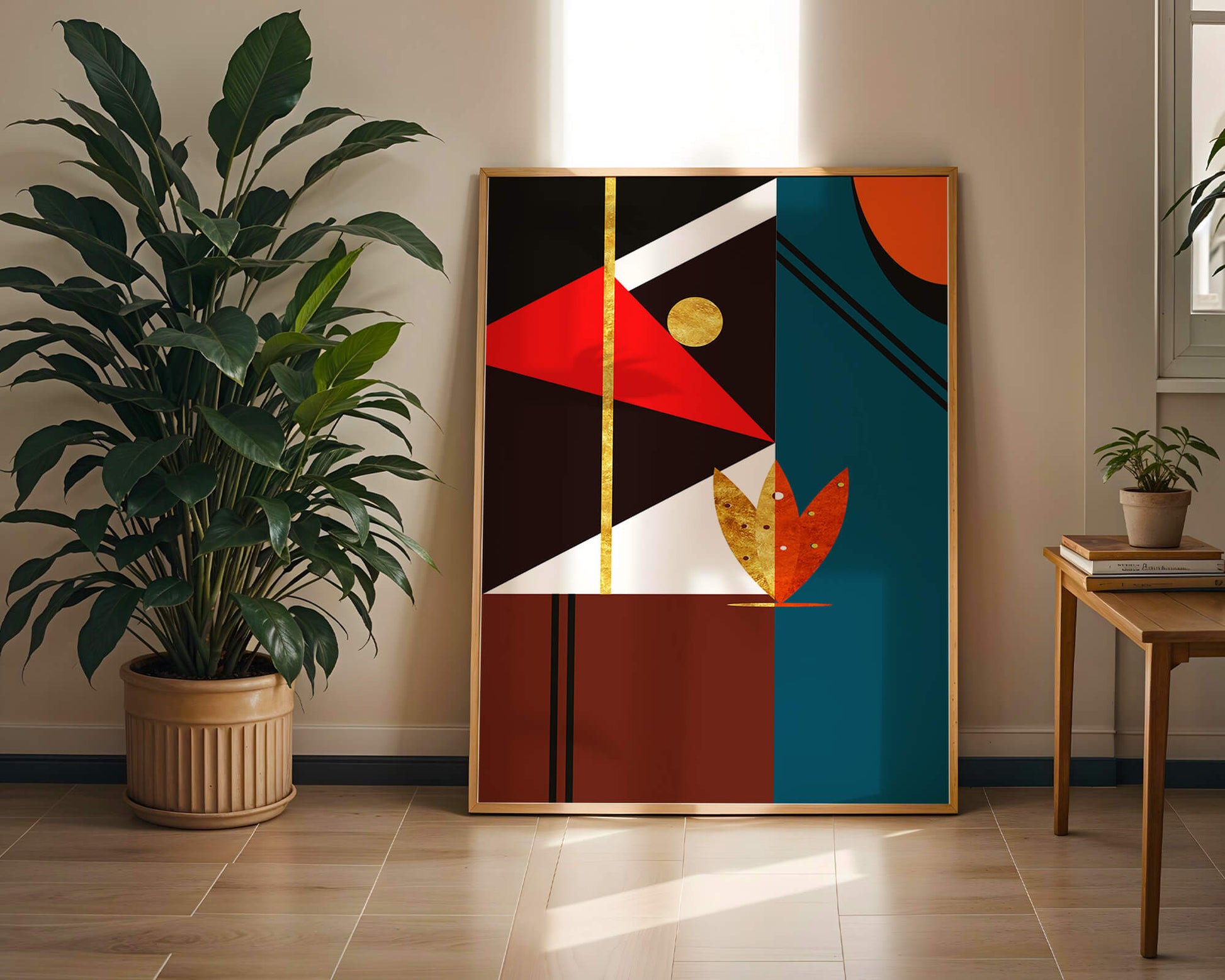 Geometrische abstrakte Kunst mit Gold und kräftigen Formen