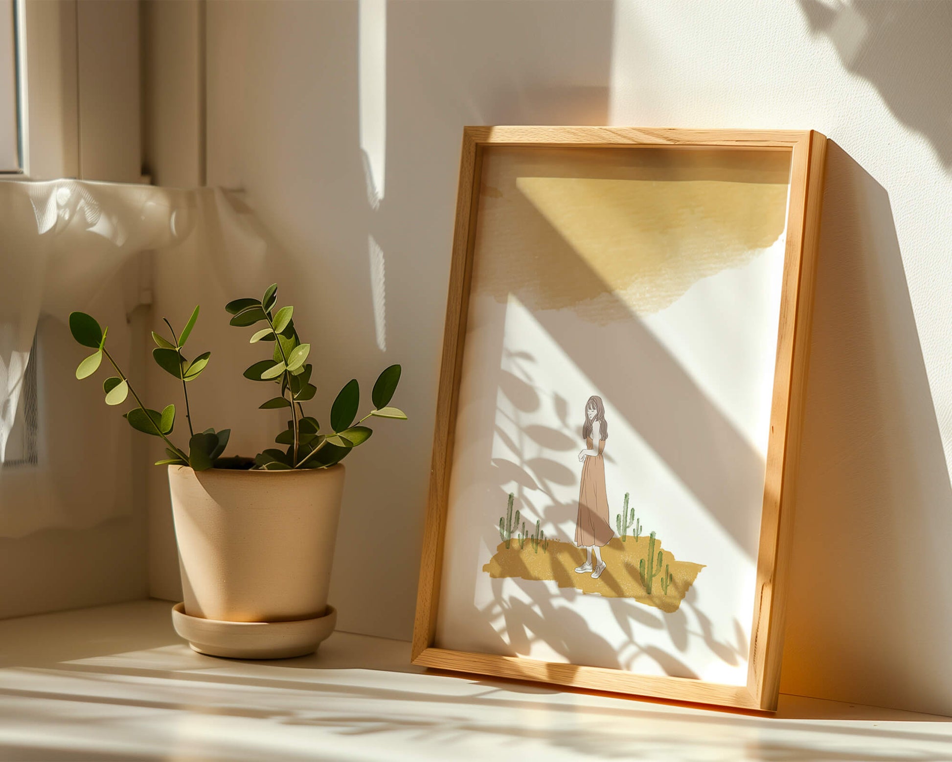Fille en robe rose debout parmi des cactus sous un ciel aquarelle