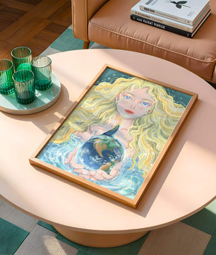 Fantasy artwork of woman holding earth with shimmering details