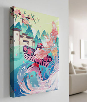 Illustration colorée d’oiseaux et de fleurs avec une architecture orientale