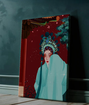 Traditional Asian art with elegant woman in traditional attire