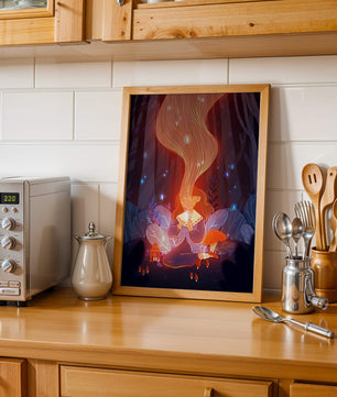 Magical forest scene with lantern and glowing hair