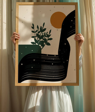 L'œuvre d'art abstraite de la nature avec une silhouette de plante et des formes géométriques