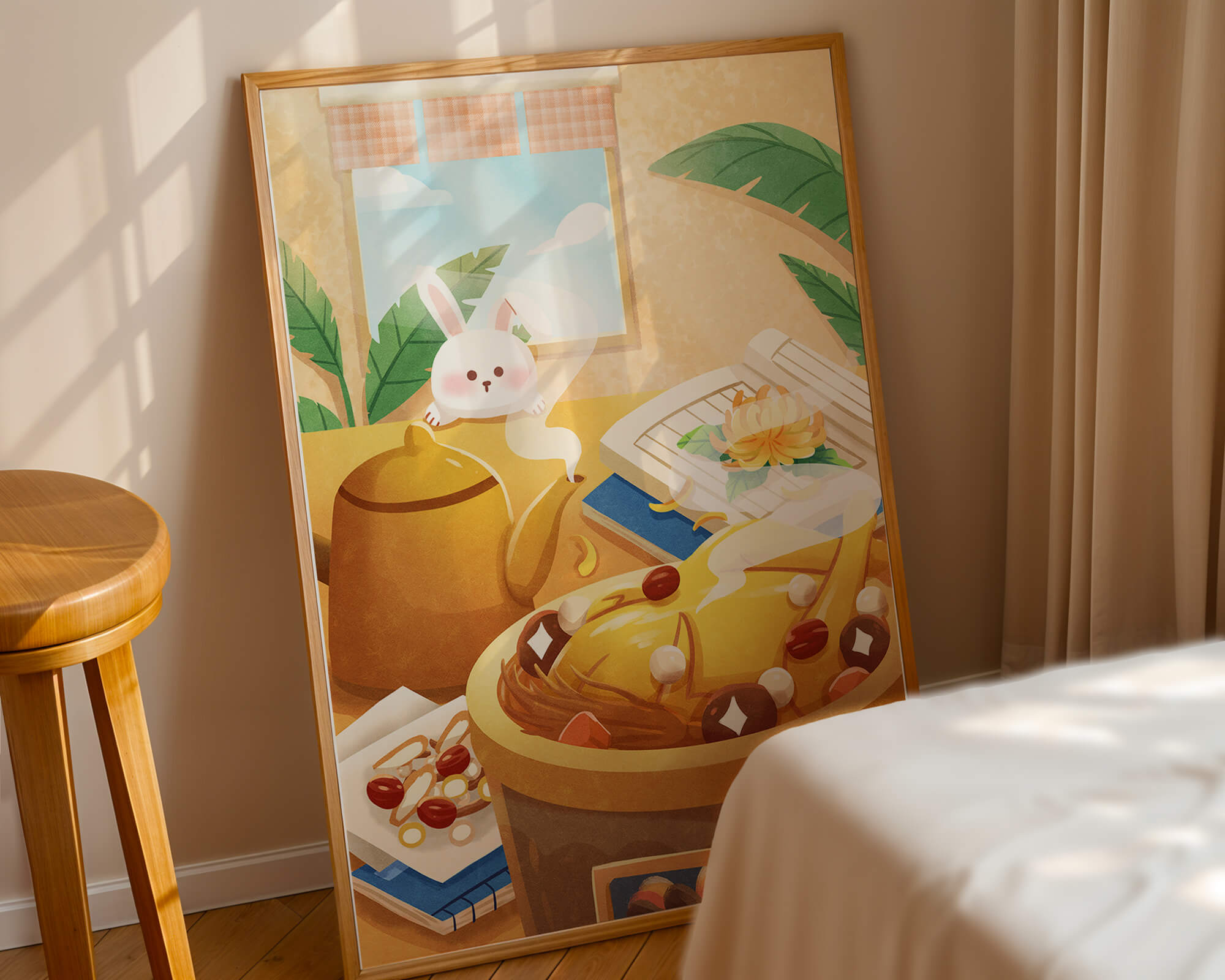 Cozy kitchen scene with cute bunny, teapot, and golden dessert
