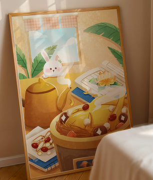 Cozy kitchen scene with cute bunny, teapot, and golden dessert