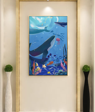 Escena submarina con ballenas, peces y arrecife de coral