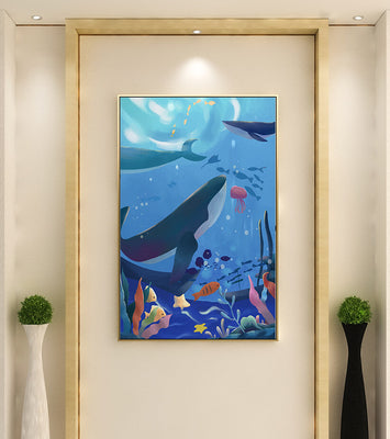 Underwater scene with whales, fish, and coral reef