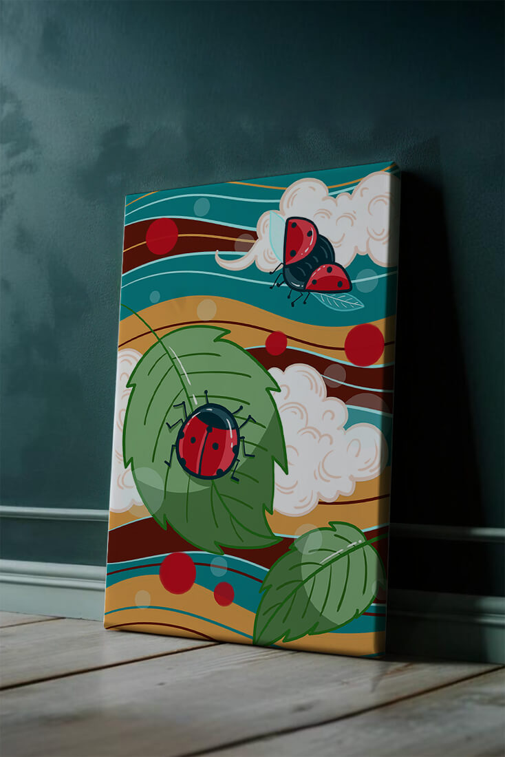 Colorful illustration of ladybugs in a whimsical natural setting