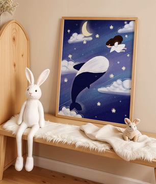 Whimsical night scene with flying angel and whale