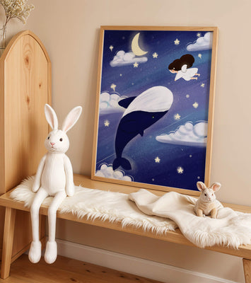 Whimsical night scene with flying angel and whale