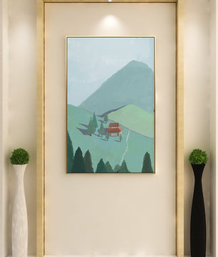 Ruhige Berglandschaft mit Haus und Bäumen
