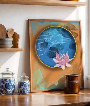Abstrakte Seerosenkunst mit goldenen Akzenten auf blauem und orangefarbenem Hintergrund