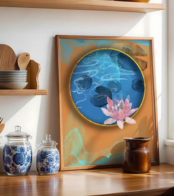 Abstract water lily art with gold accents on blue and orange background