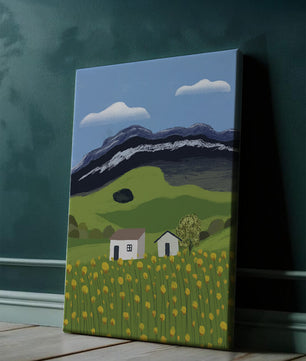 Sunny Landscape with Green Fields and Mountains