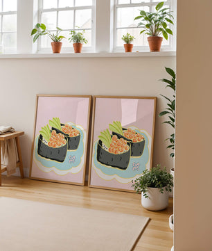 Illustration of sushi rolls with fish roe and avocado on a pastel background
