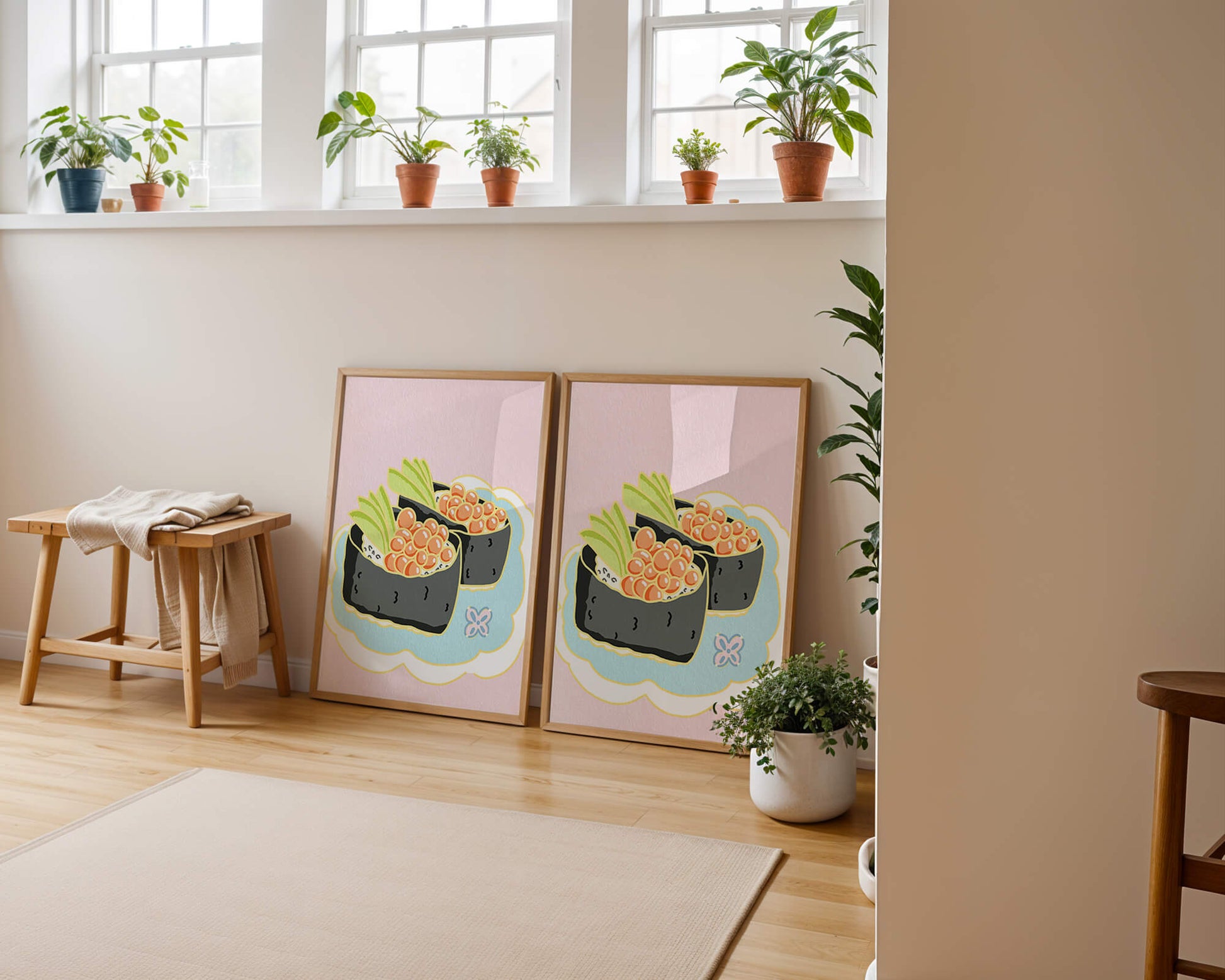 Illustration of sushi rolls with fish roe and avocado on a pastel background