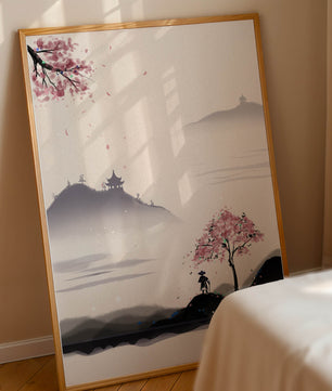 Paisaje sereno con árbol de cerezo y pagodas distantes