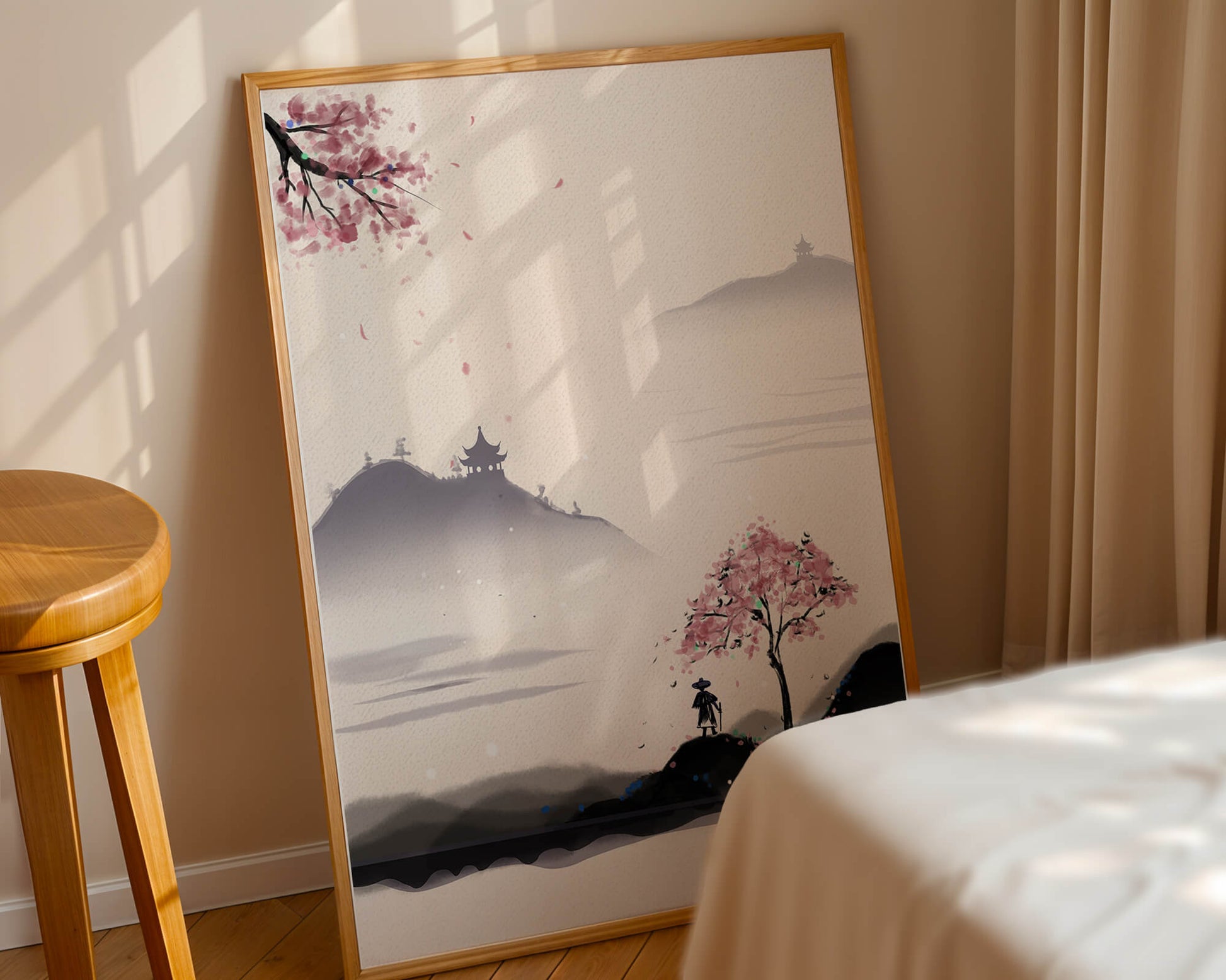 Paisaje sereno con árbol de cerezo y pagodas distantes