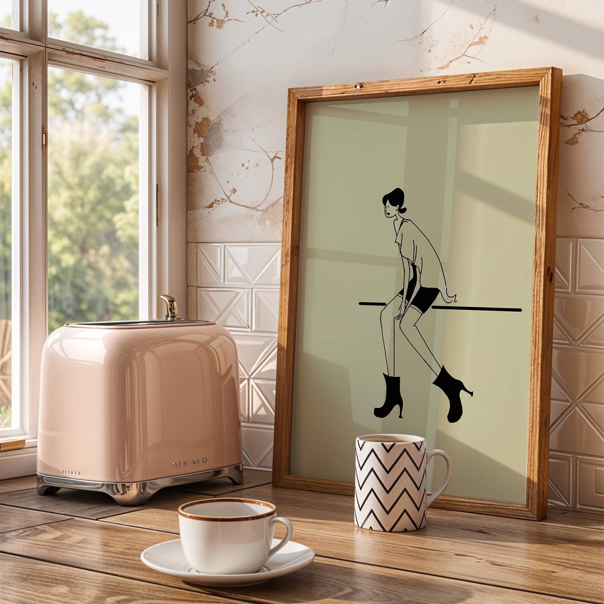 Schicke minimalistische Illustration einer sitzenden Frau in stylischen Stiefeln