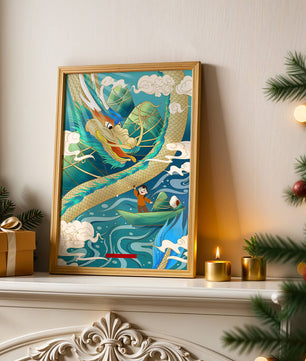 Colorful dragon and child illustration with vibrant waves and clouds