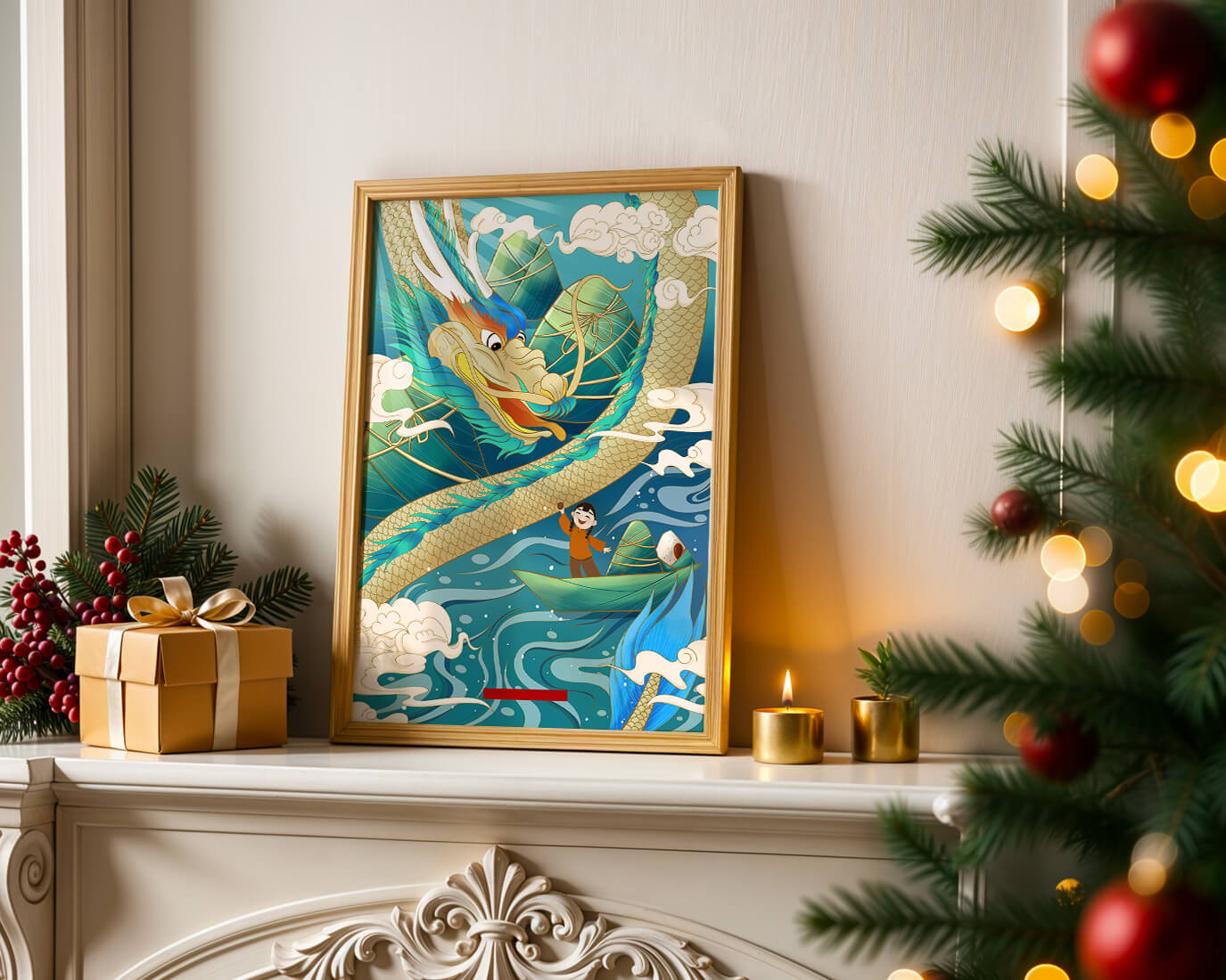 Colorful dragon and child illustration with vibrant waves and clouds