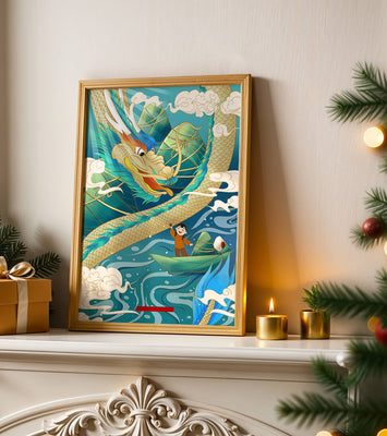 Colorful dragon and child illustration with vibrant waves and clouds