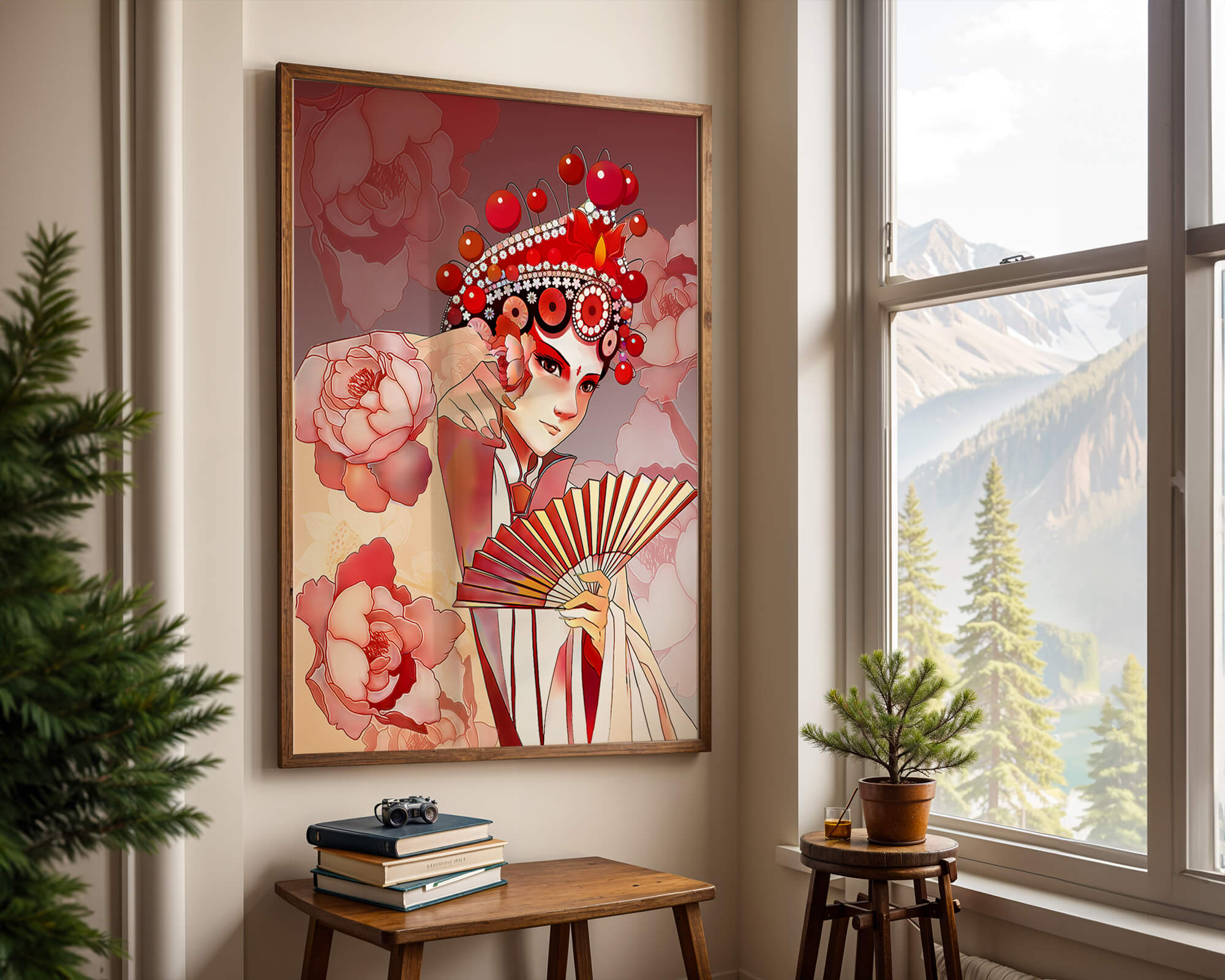 Traditional Asian artwork with floral motifs and ornate headpiece