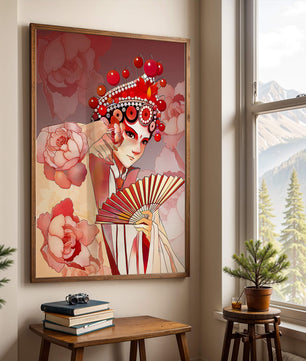 Traditional Asian artwork with floral motifs and ornate headpiece