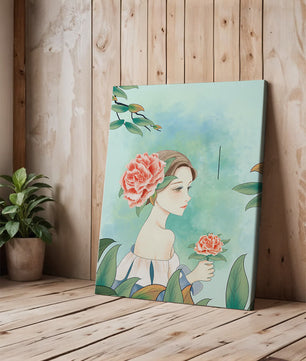 Ilustración de una mujer con una flor y texto que dice "Hola, julio"