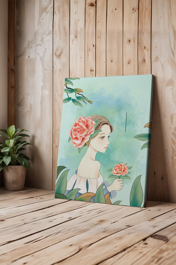 Illustration of a woman with a flower and text saying "Hello, July"