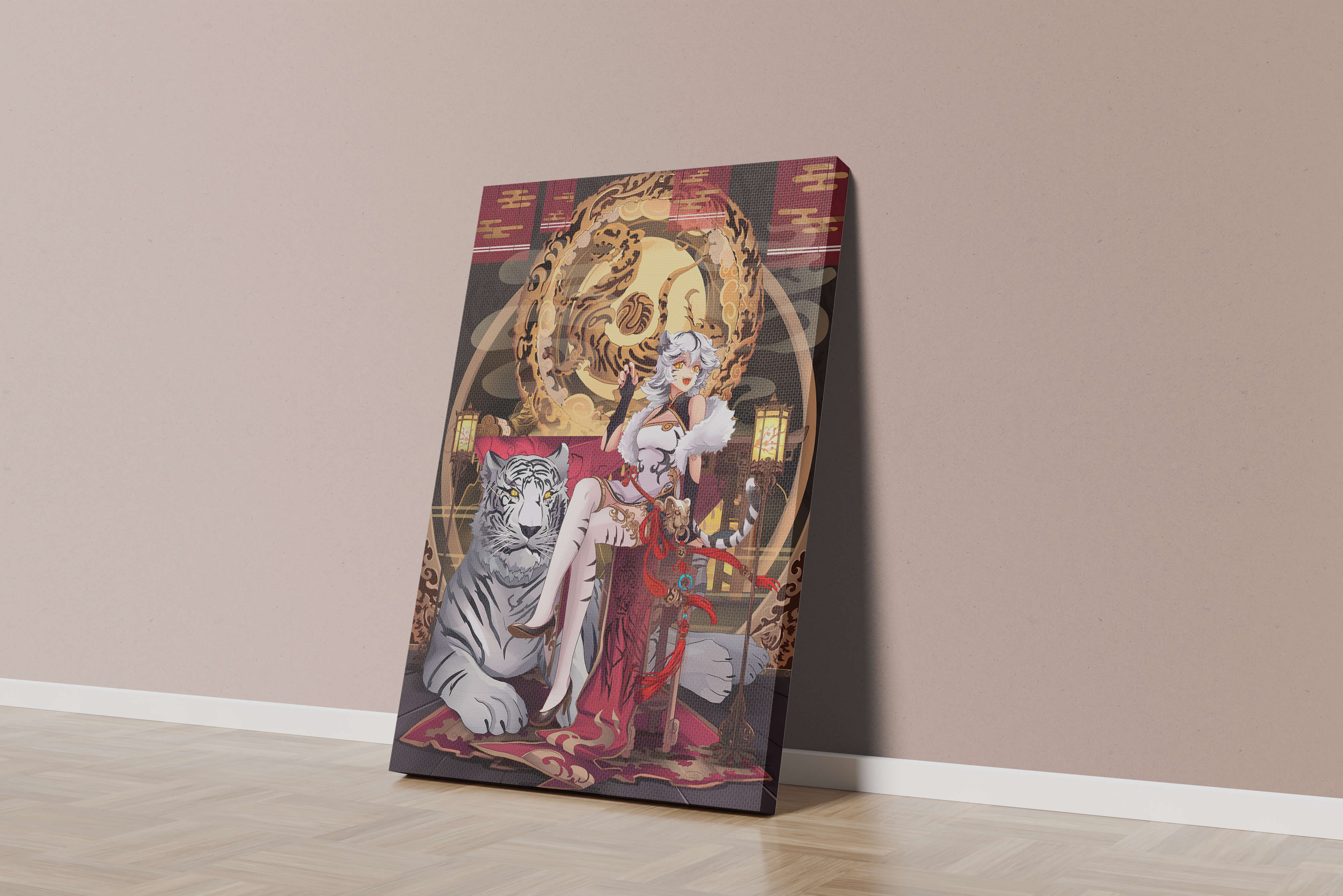 Elegant fantasy character with mystical tiger and ornate decor