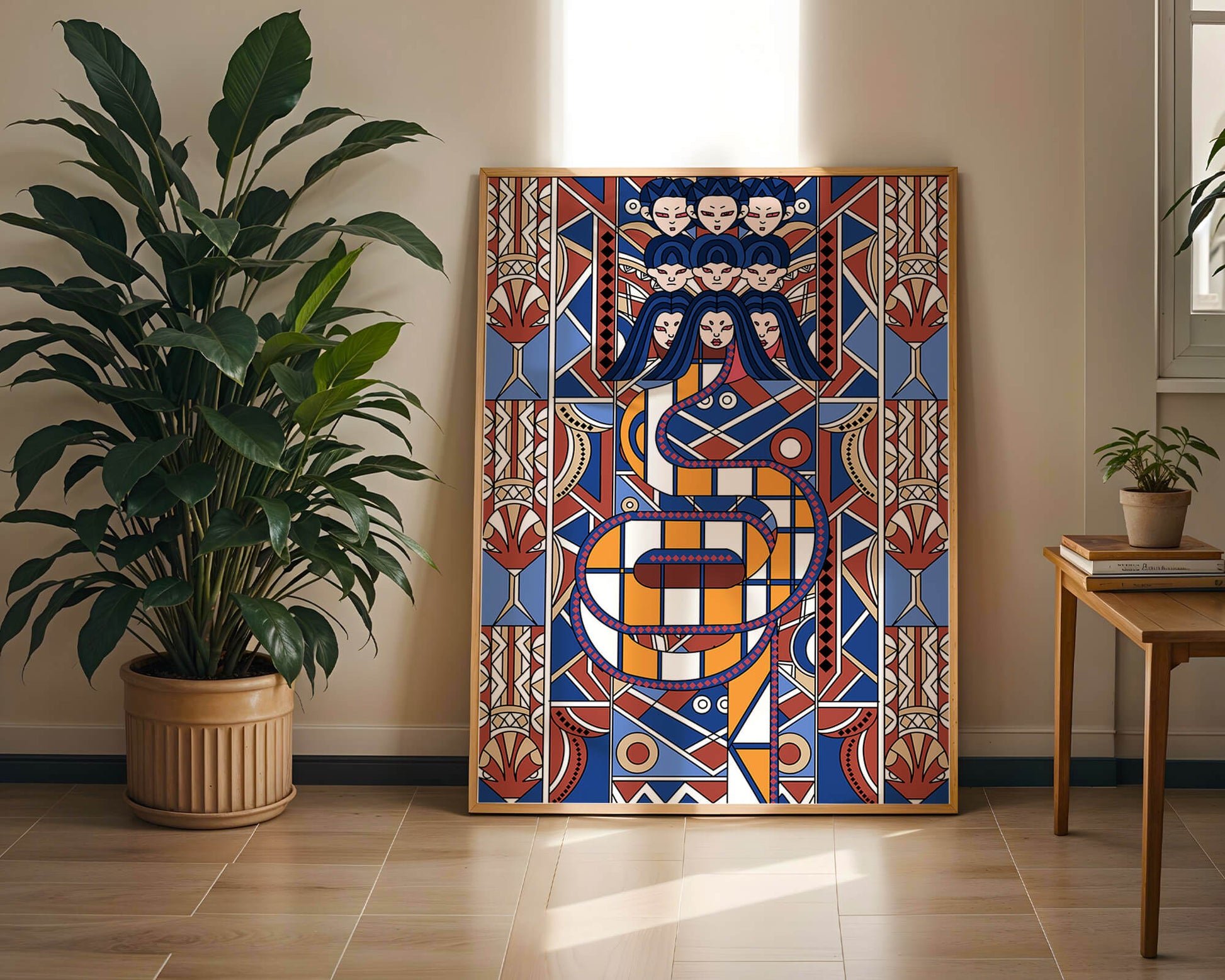 Patrón geométrico Art Decó con rostros y diseño simétrico