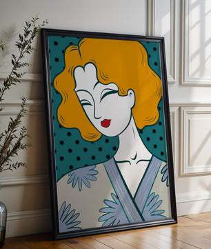 Retrato estilizado de una mujer con cabello naranja y kimono floral