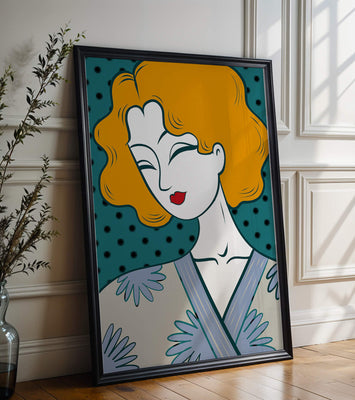 Stylized portrait of a woman with orange hair and floral kimono