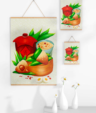 Illustrated traditional Chinese food with zongzi and rice wine