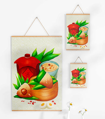 Illustrated traditional Chinese food with zongzi and rice wine