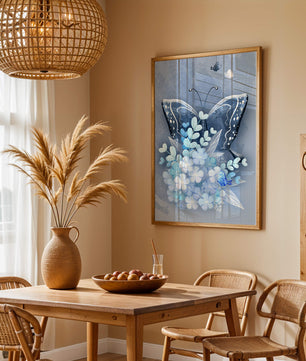 Elegant butterfly with blue floral arrangement artwork