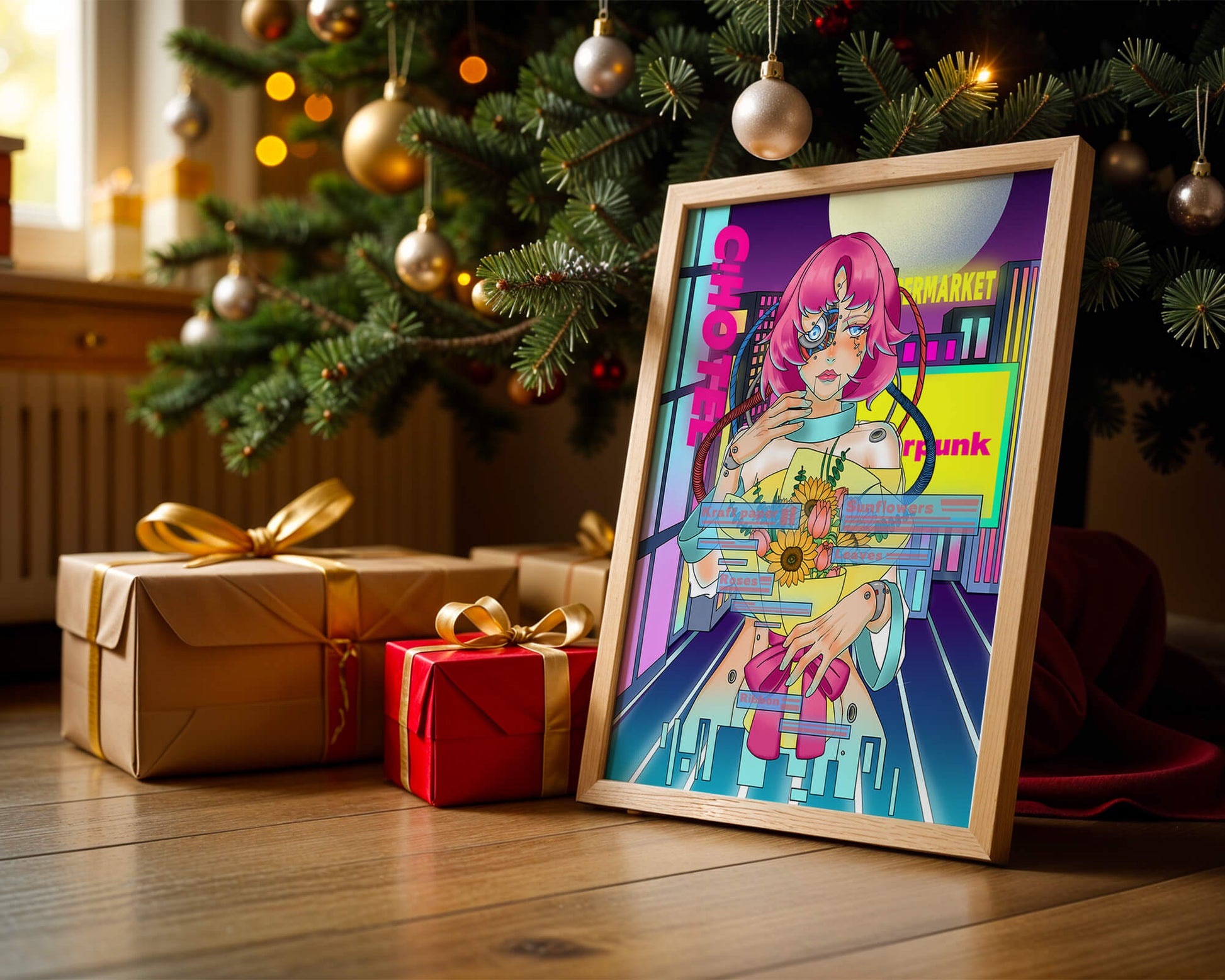 Futuristic cyberpunk woman with a bouquet of flowers in a neon cityscape