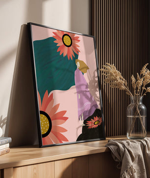 Stylized illustration of woman with vibrant floral elements